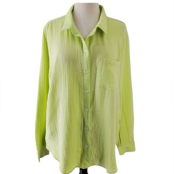 NWT Lucky Brand Crinkle Gauze Slub Cotton Button Down Shirt In Citron Split Back - Picture 1 of 15